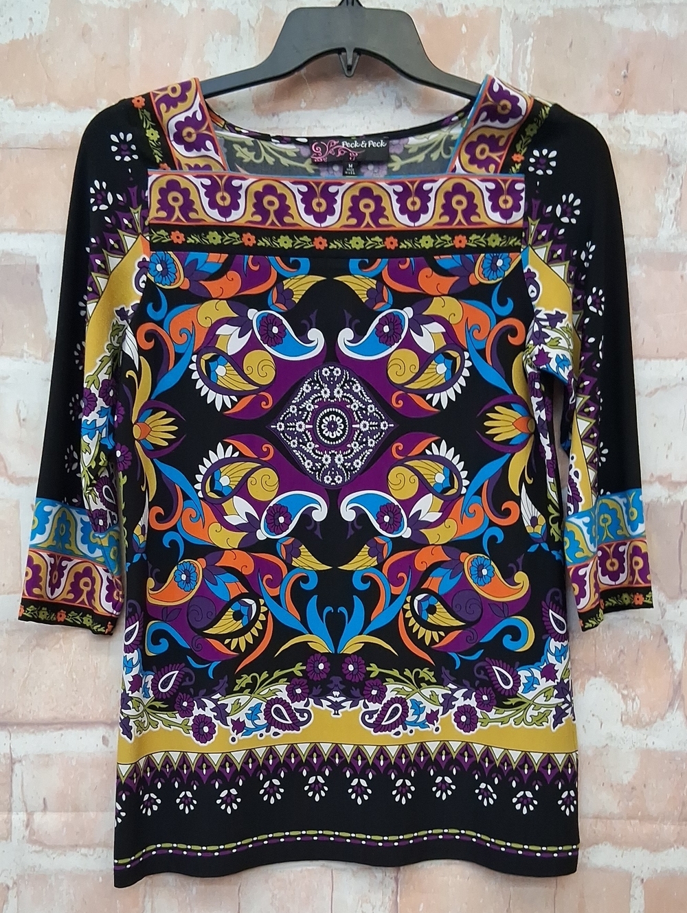 Peck & Peck Black Tunic with Vibrant Multicolor Paisley Print